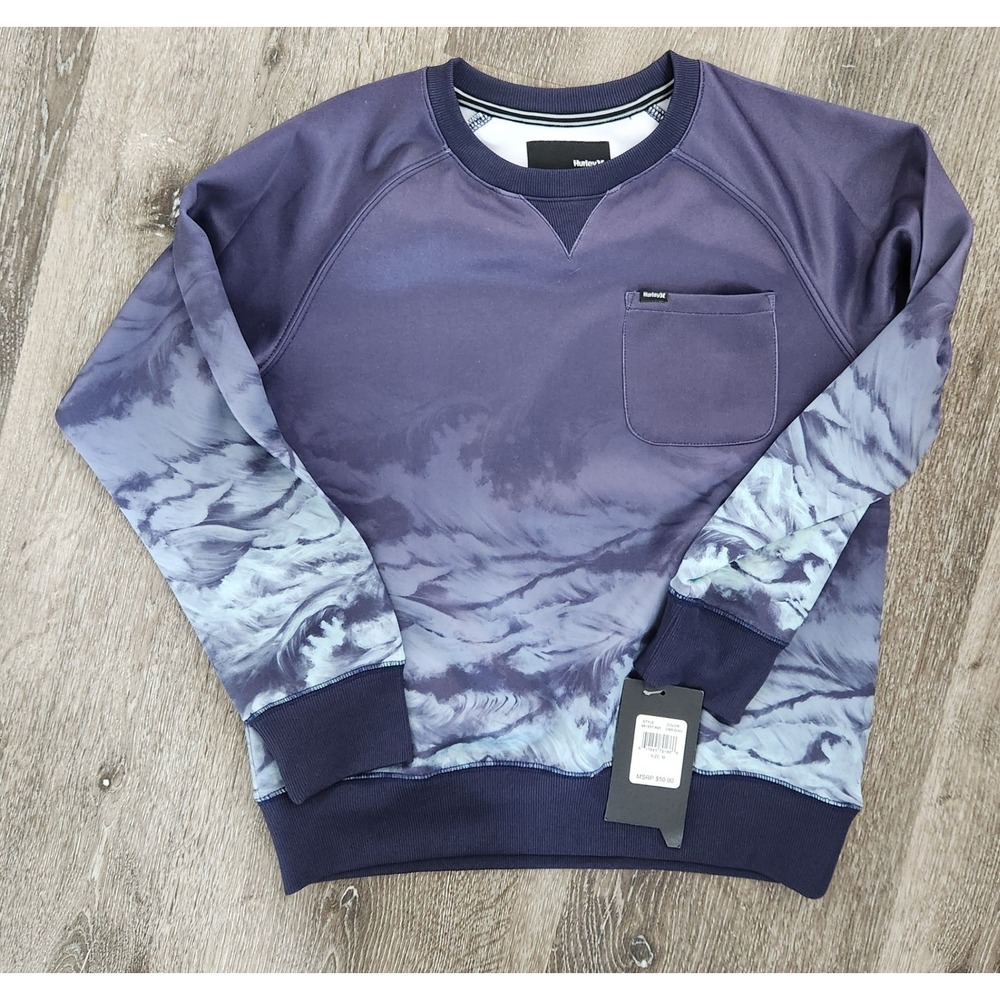 Hurley Women's Purple Blue Wave Print Raglan Crewneck Sweatshirt Pocket Size M